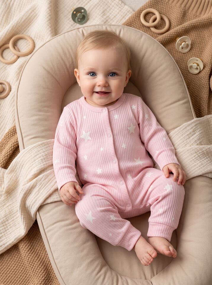 Yıldız Desenli Pamuklu Bebek Tulum Body Pembe - 12-18