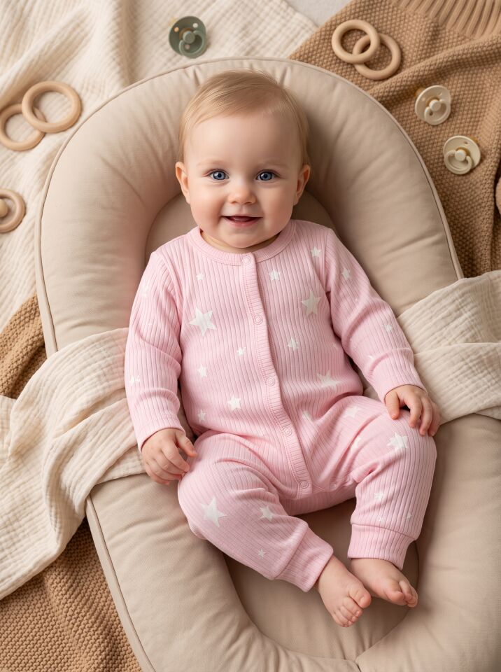 Yıldız Desenli Pamuklu Bebek Tulum Body Pembe - 18-24