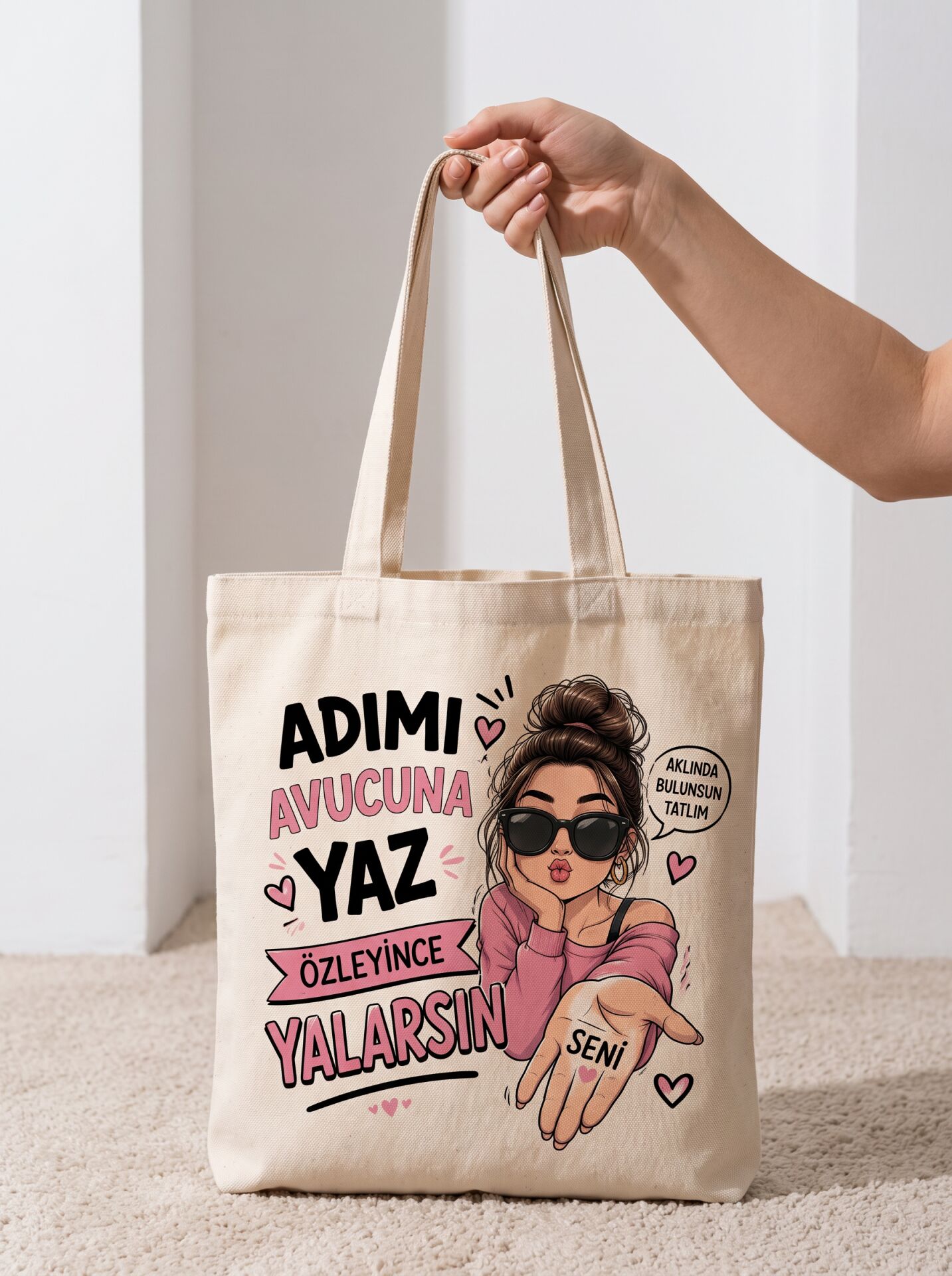Adımı Avucuna Yaz Baskılı Pamuklu Bez Çanta
