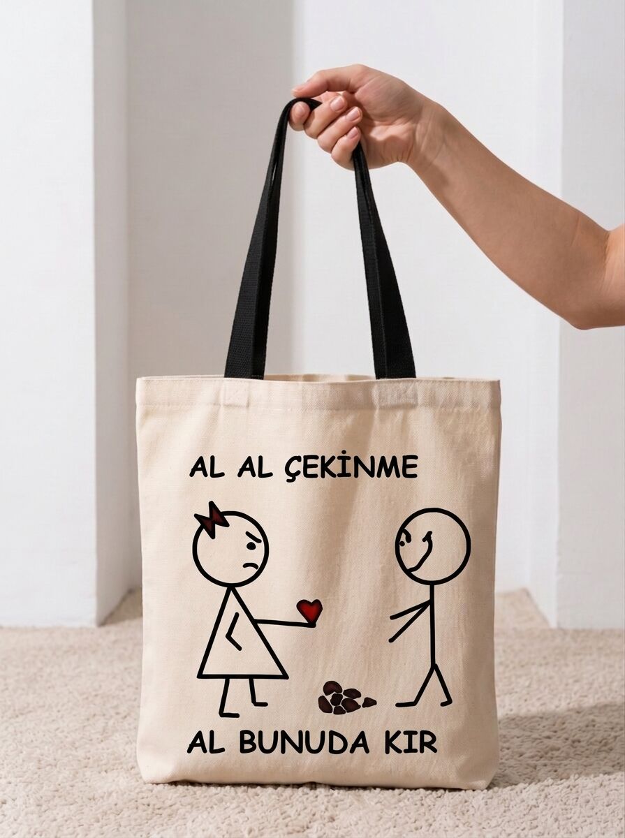 Al Al Çekinme Yazılı Karikatürlü Pamuklu Bez Çanta