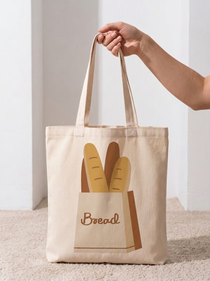 Bread Yazılı Ekmek İllüstrasyonlu Pamuklu Bez Çanta