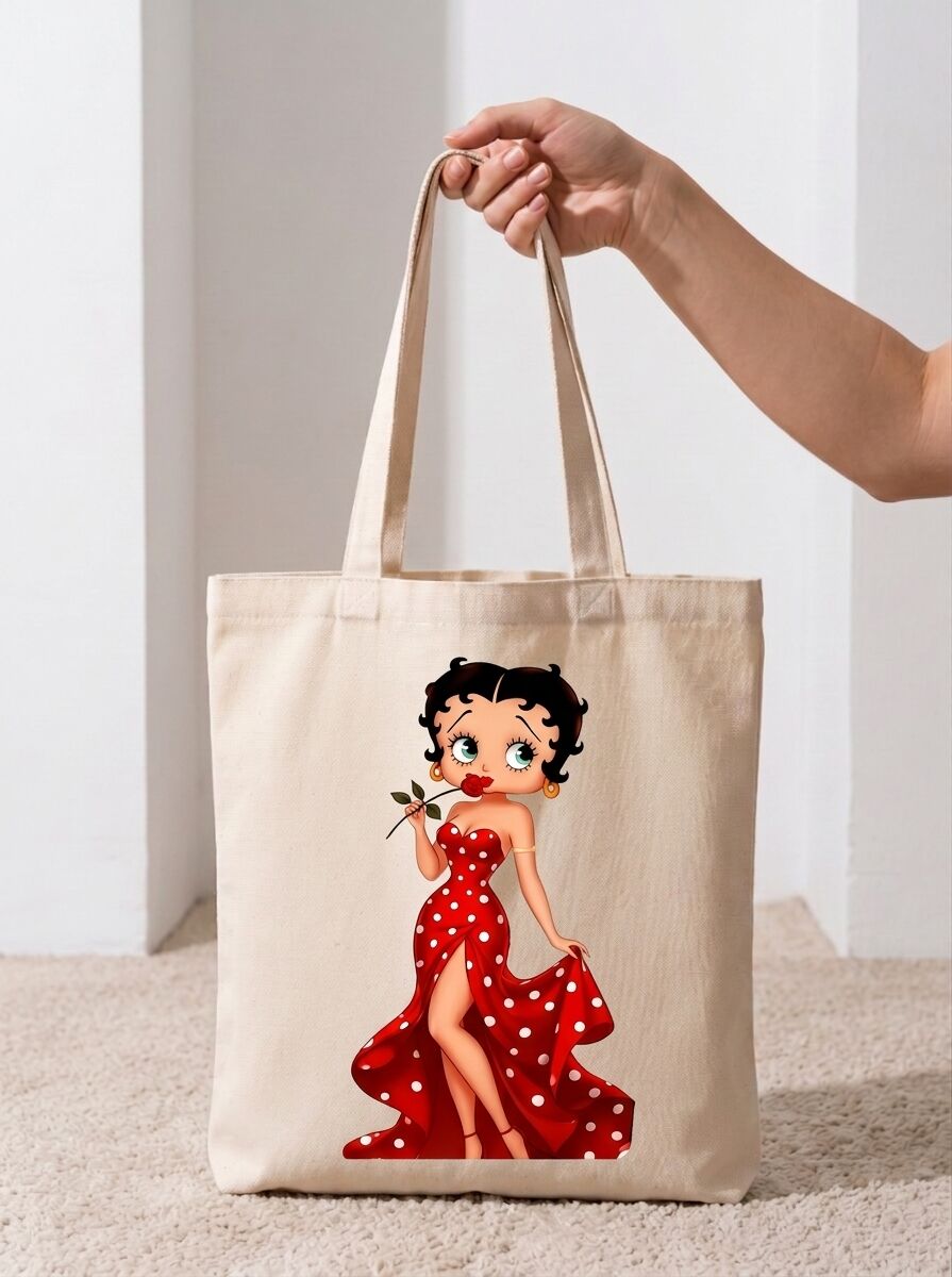 Betty Boop Kırmızı Puantiyeli Elbiseli Pamuklu Bez Çanta