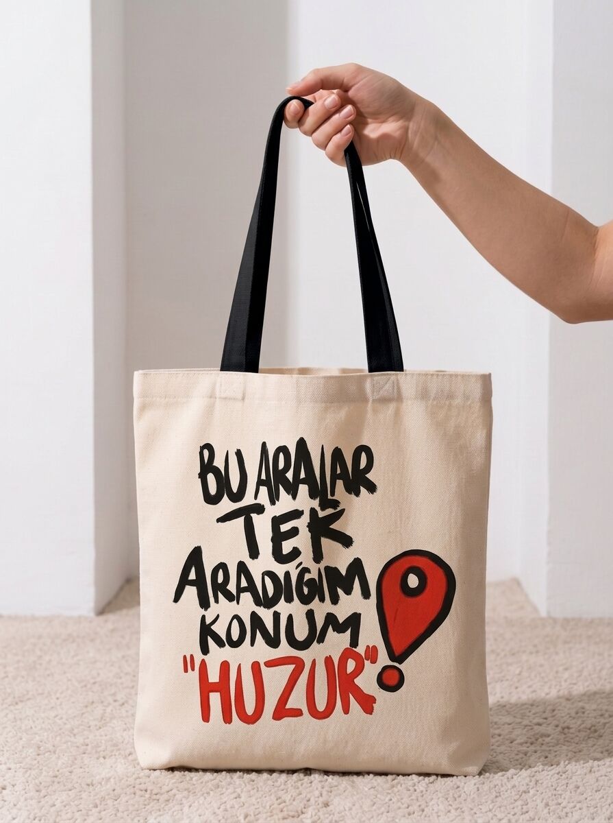 Bu Aralar Tek Aradığım Konum: Huzur Baskılı Pamuklu Bez Çanta
