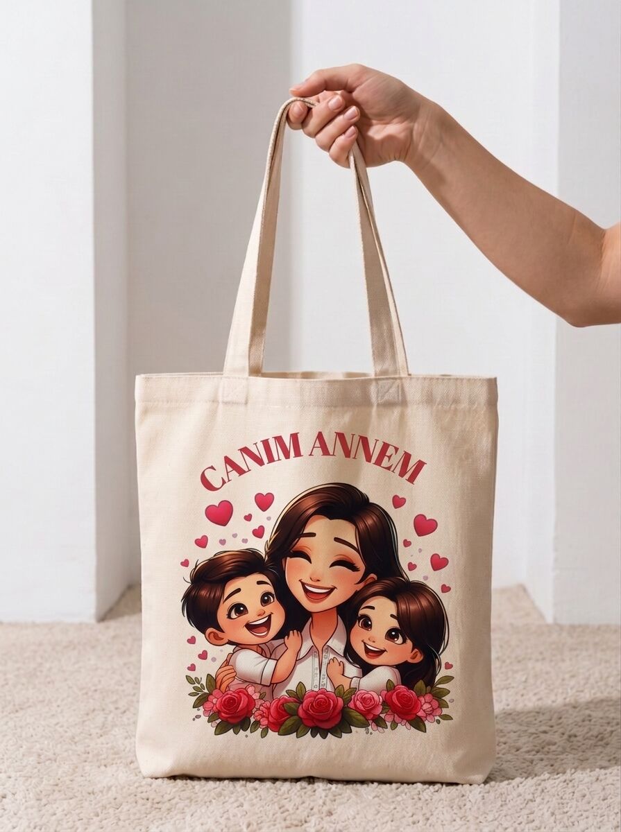 Canım Annem Anne ve Çocuklar Baskılı Pamuklu Bez Çanta