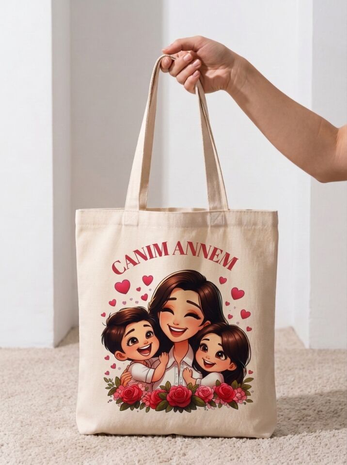 Canım Annem Anne ve Çocuklar Baskılı Pamuklu Bez Çanta