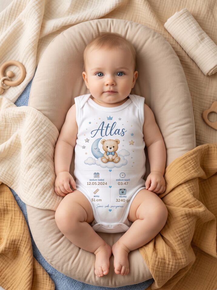 Atlas Yazılı Ay ve Ayıcık Temalı Pamuklu Kolsuz Bebek Body