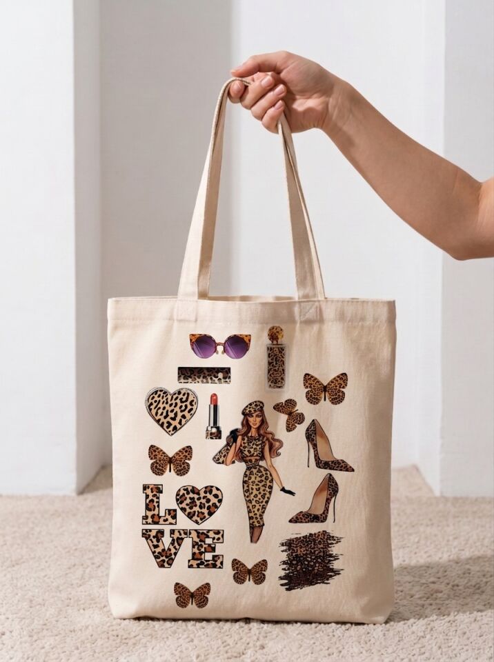 Leopar Desenli LOVE Baskılı Pamuklu Bez Çanta