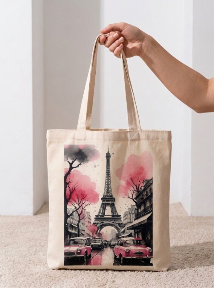 Paris Eyfel Kulesi Pembe Arabalar Baskılı Pamuklu Bez Çanta