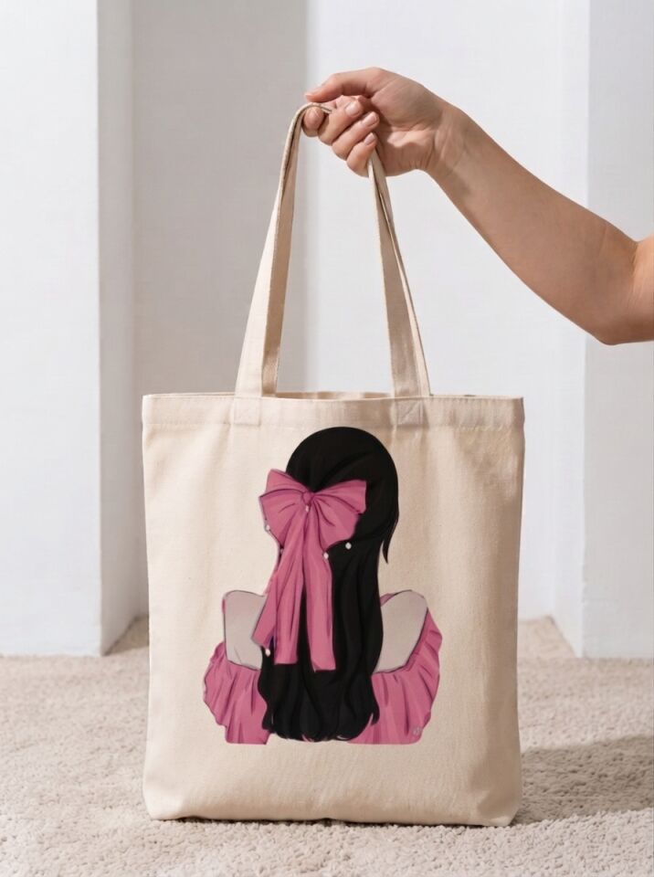 Pembe Fiyonk Kız Baskılı Pamuklu Bez Çanta