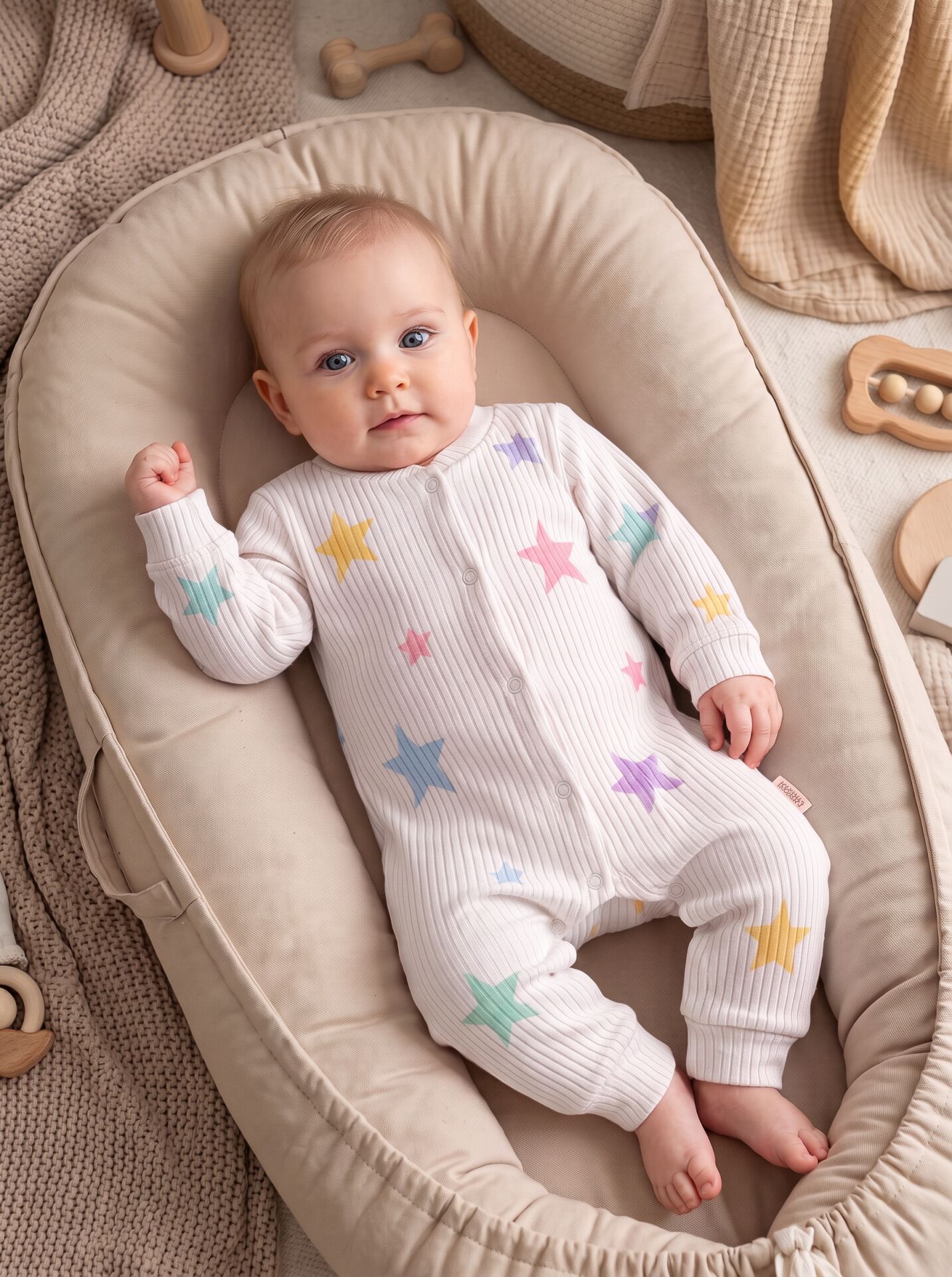 Renkli Yıldız Desenli Pamuklu Bebek Tulum Body (Önden Çıtçıtlı) Beyaz - 3-6