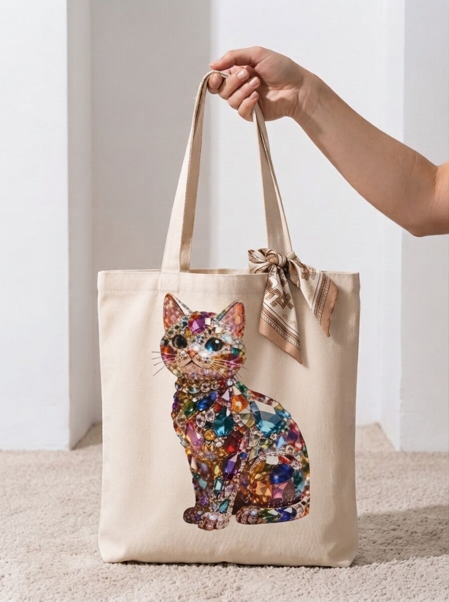 Renkli Mücevher Kedi Baskılı Pamuklu Bez Çanta