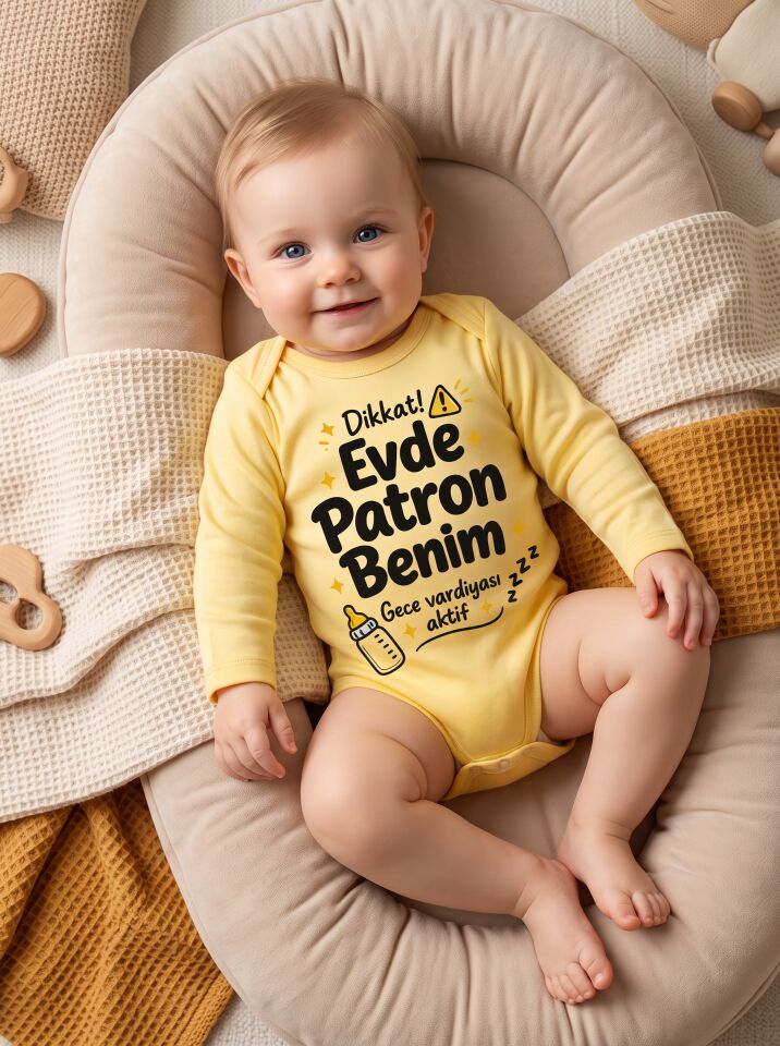 Evde Patron Benim Baskılı Pamuklu Bebek Body (Uzun Kollu)