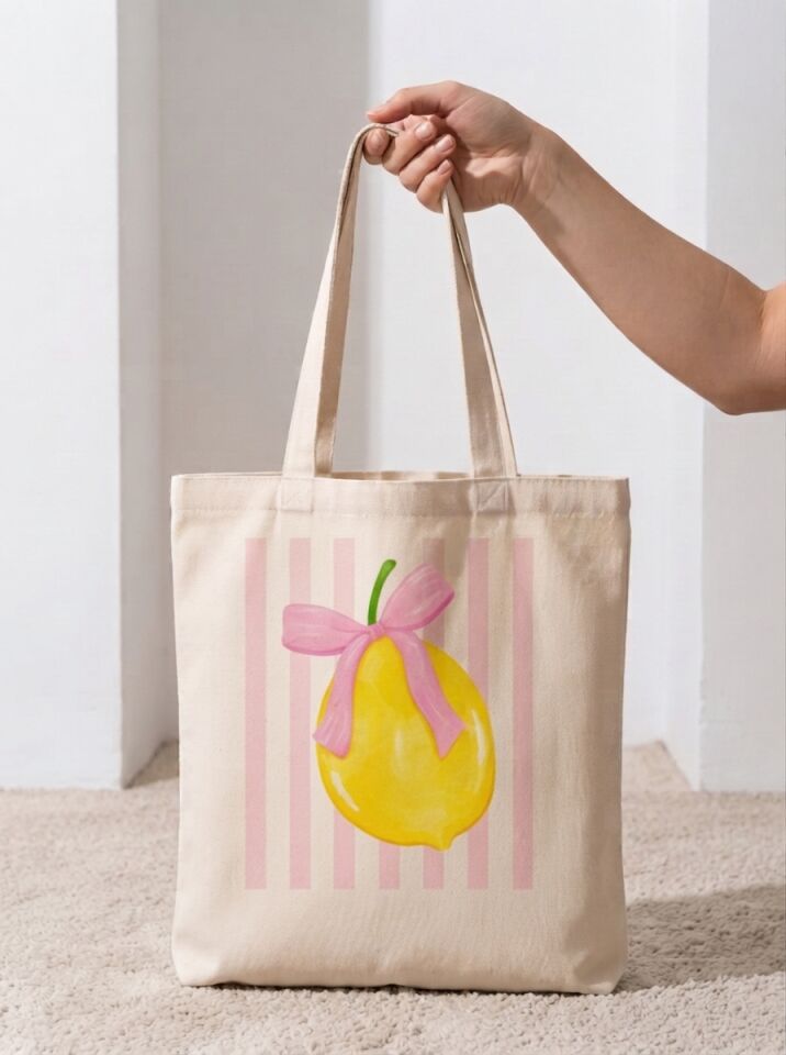 Pembe Kurdeleli Limon Desenli Pamuklu Bez Çanta