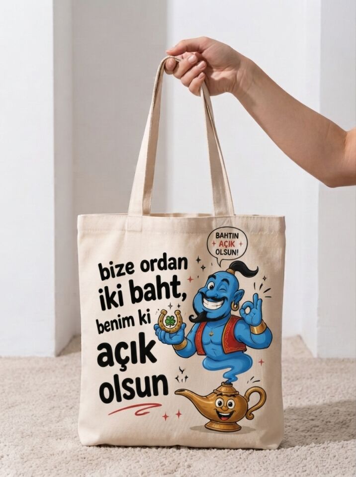 Usta Bize Ordan İki Baht Yazılı Cin Temalı Pamuklu Bez Çanta