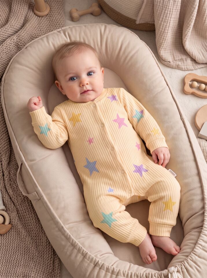 Renkli Yıldız Desenli Pamuklu Bebek Tulum Body (Önden Çıtçıtlı) Sarı - 9-12