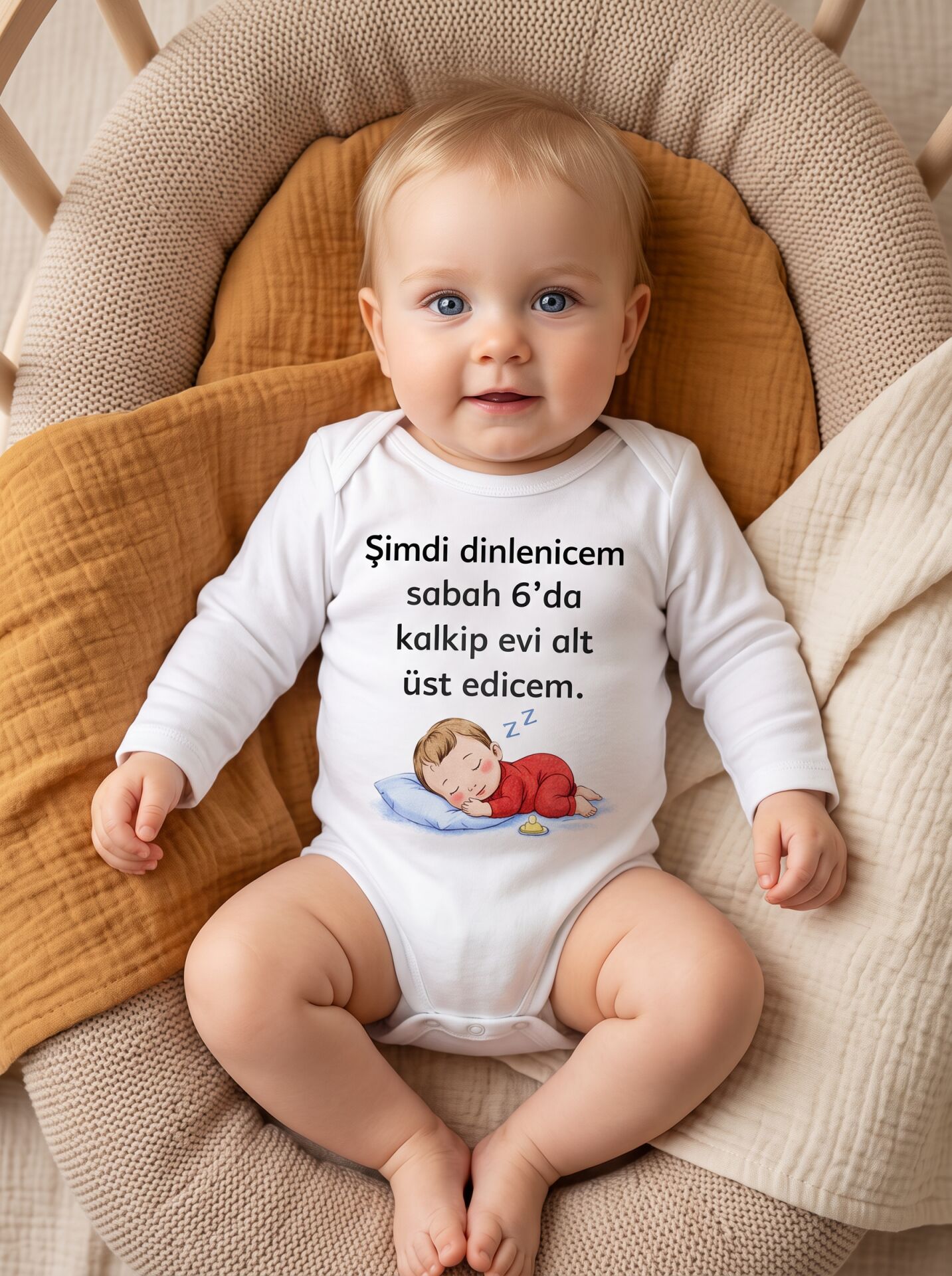 Şimdi Dinlenicem Yazılı Pamuklu Uzun Kol Bebek Body