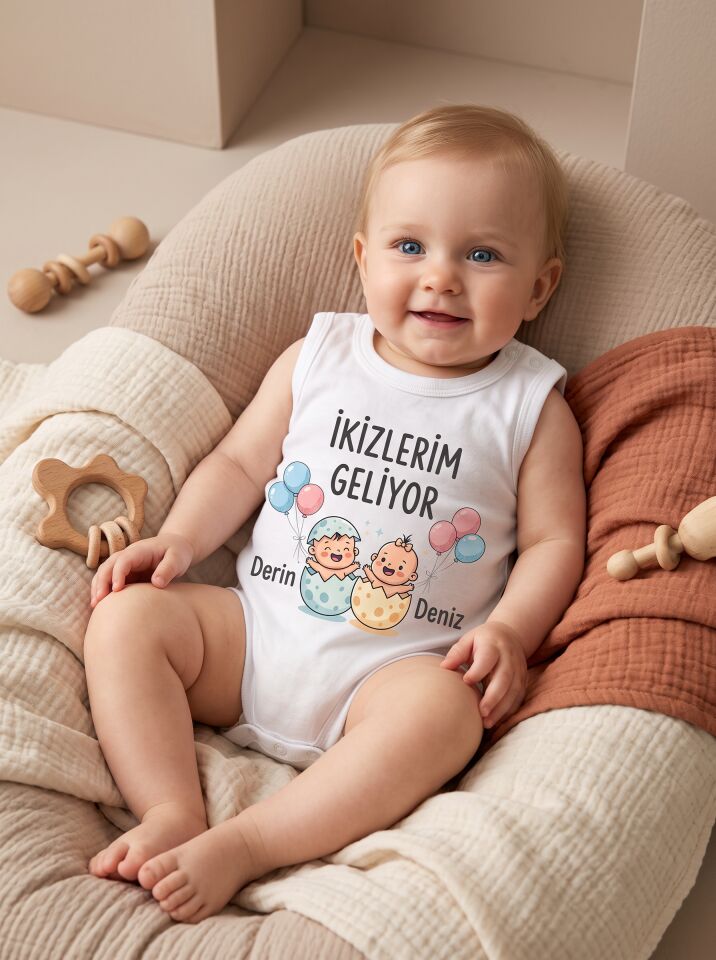 İkizlerim Geliyor Baskılı Pamuklu Bebek Body (Kişiye Özel)