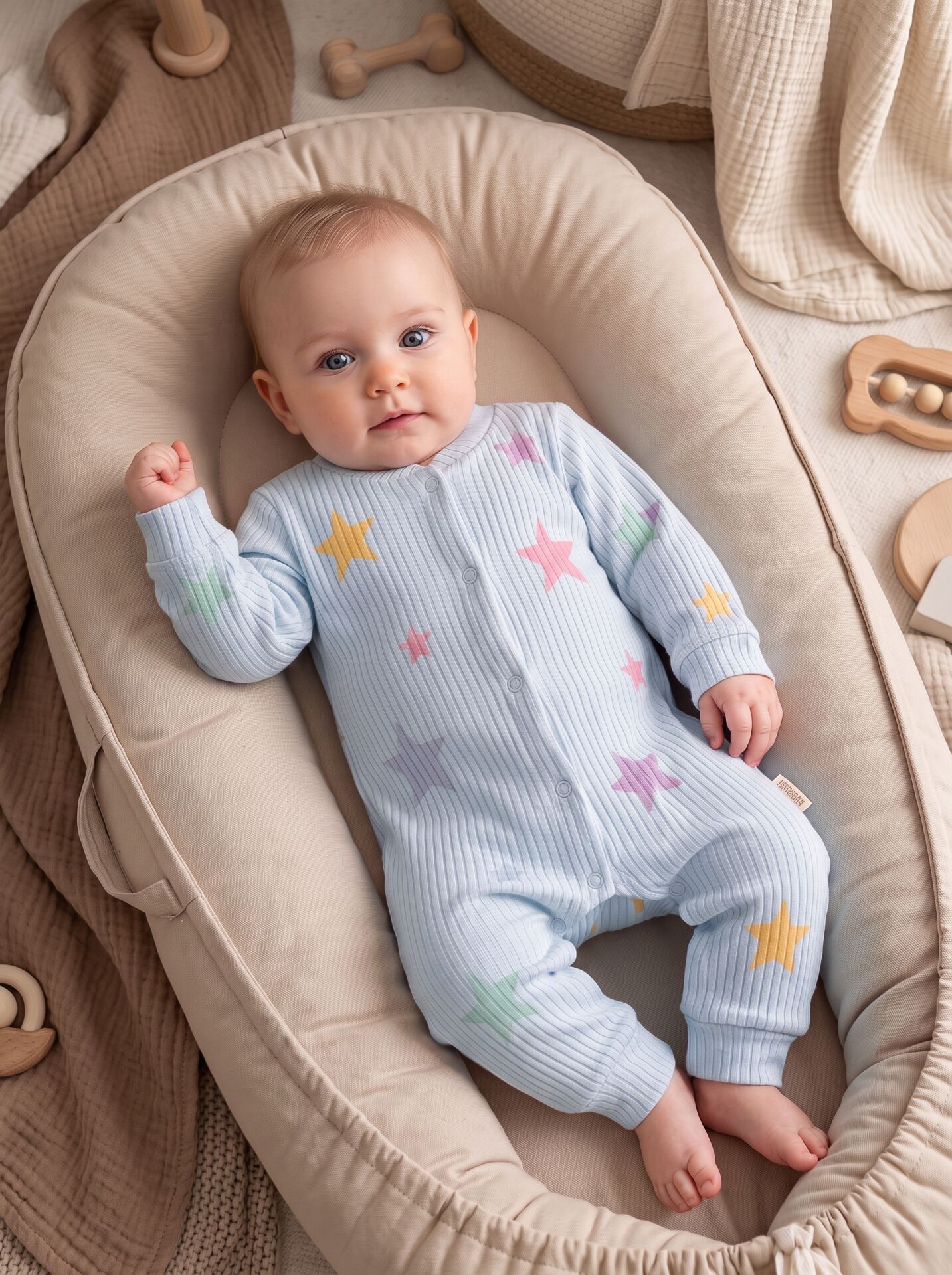 Renkli Yıldız Desenli Pamuklu Bebek Tulum Body (Önden Çıtçıtlı) Mavi - 18-24