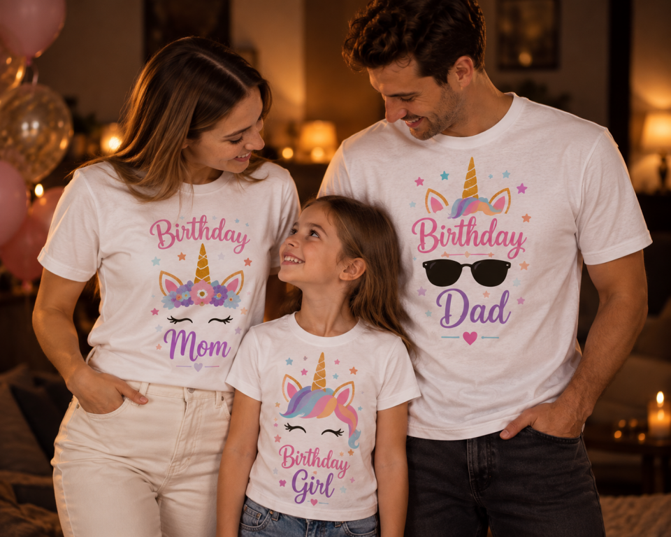 Unicorn Birthday Mom Dad Girl Aile Kombini %100 Pamuklu Tişört Seti