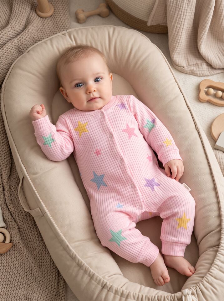 Renkli Yıldız Desenli Pamuklu Bebek Tulum Body (Önden Çıtçıtlı) Pembe - 18-24