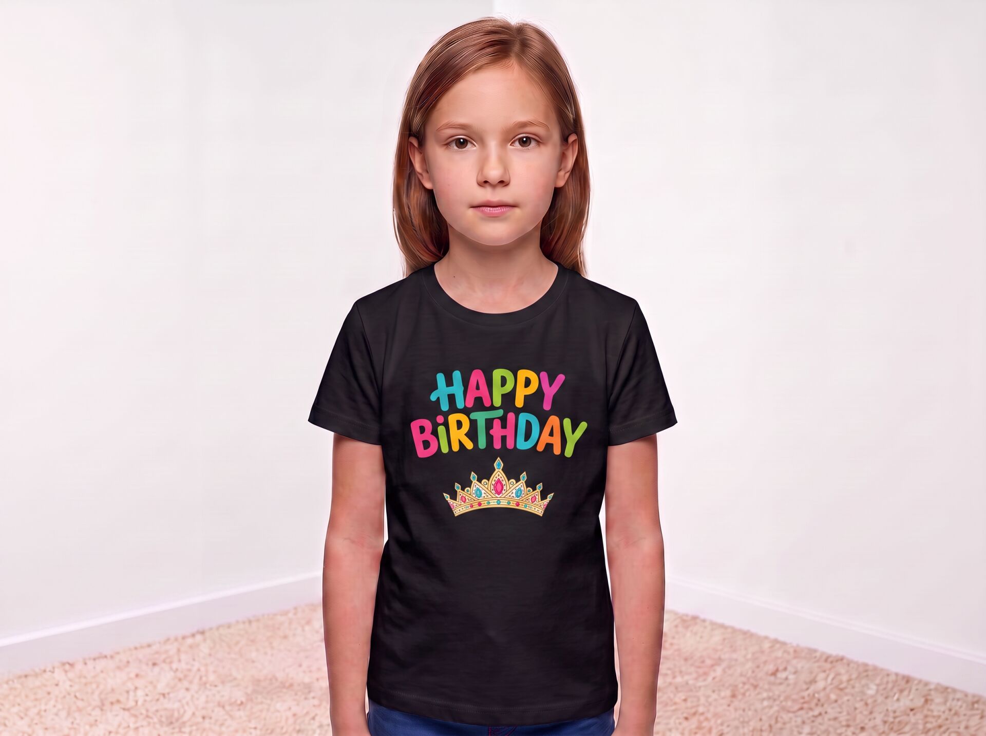 Happy Birthday Renkli Yazılı ve Taç Desenli Çocuk Pamuklu Tişört 4-5 Yaş - Siyah