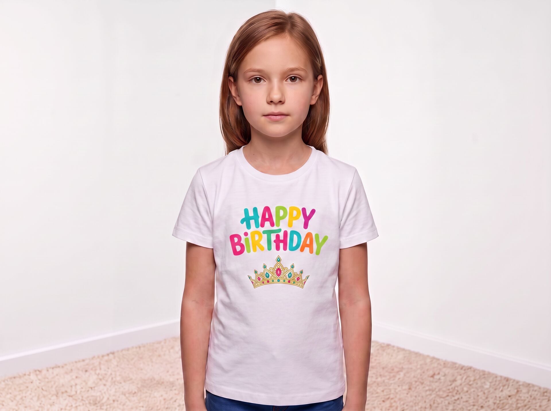Happy Birthday Renkli Yazılı ve Taç Desenli Çocuk Pamuklu Tişört 3-4 Yaş - Beyaz
