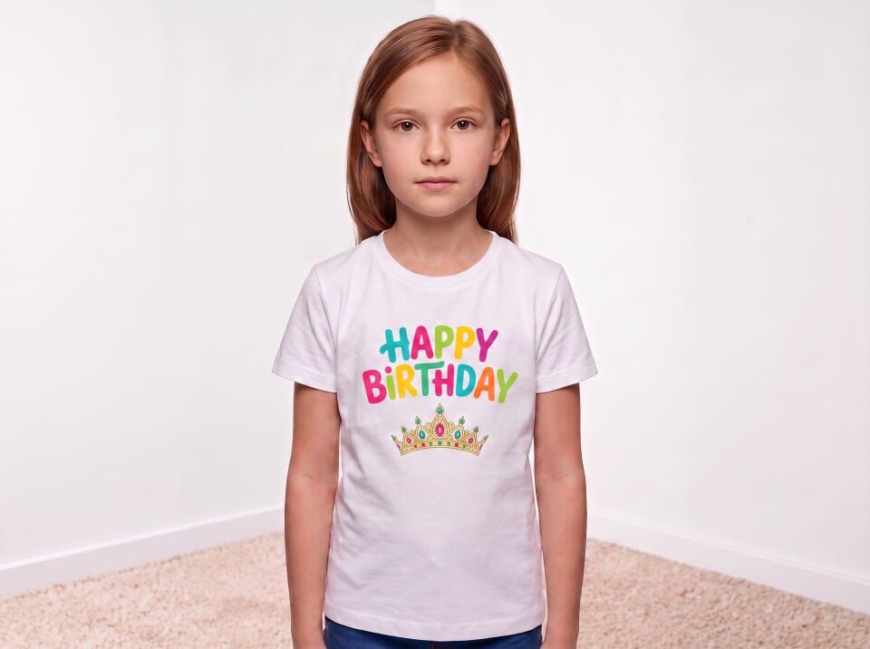 Happy Birthday Renkli Yazılı ve Taç Desenli Çocuk Pamuklu Tişört 3-4 Yaş - Beyaz