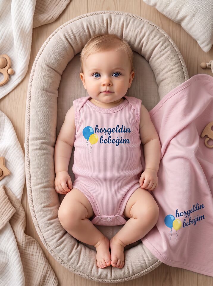 Hoşgeldin Bebeğim Balon Baskılı Pamuklu Kolsuz Bebek Body