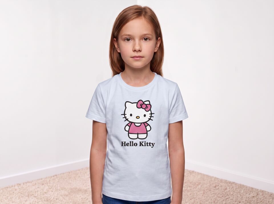 Hello Kitty Yazılı Pembe Kurdele Detaylı Kız Çocuk Pamuklu Tişört