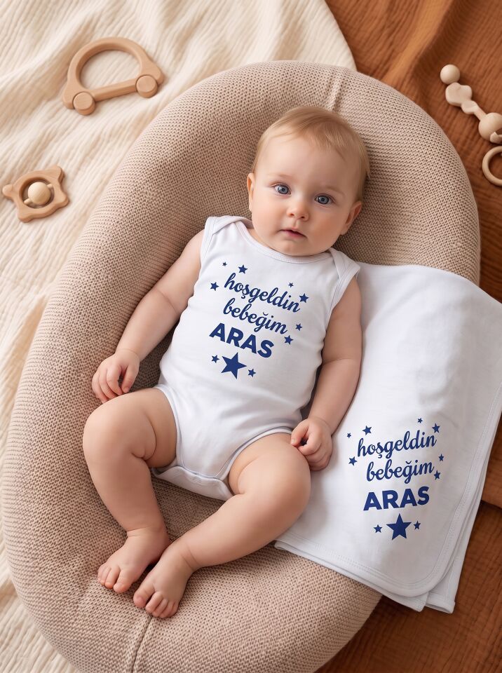 Hoşgeldin Bebeğim Yıldızlı Kişiye Özel Pamuklu Bebek Body