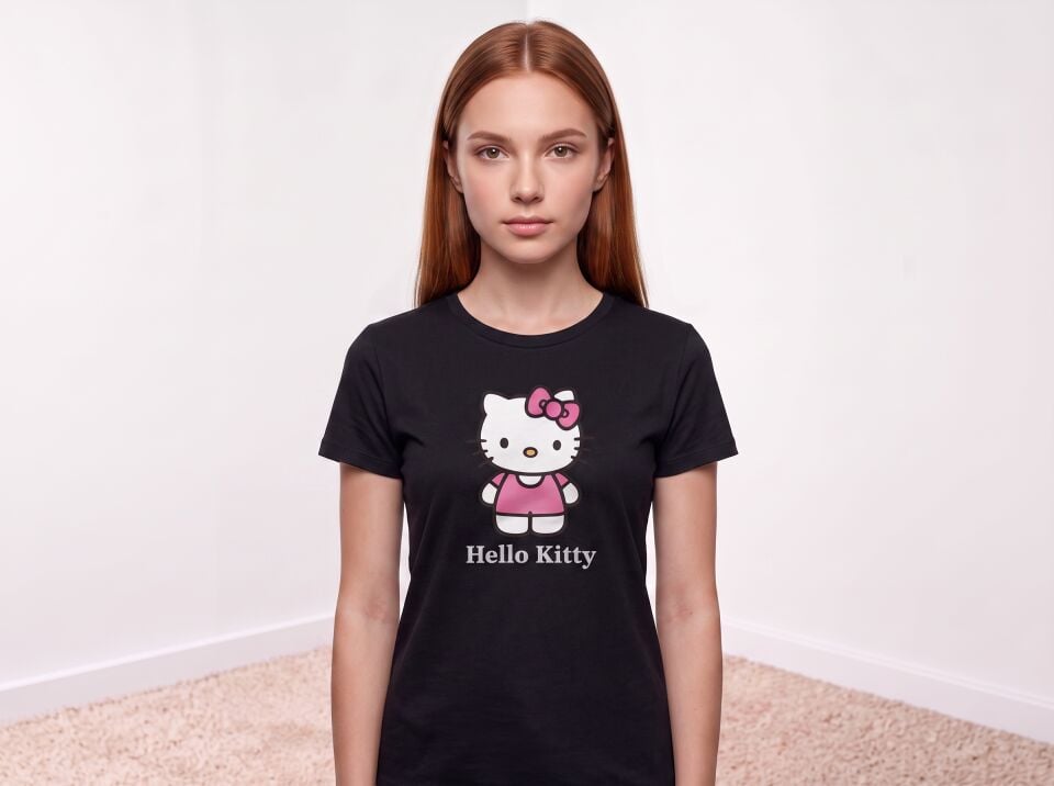 Hello Kitty Yazılı Pembe Kurdele Detaylı Kız Çocuk Pamuklu Tişört 3-4 Yaş - Siyah