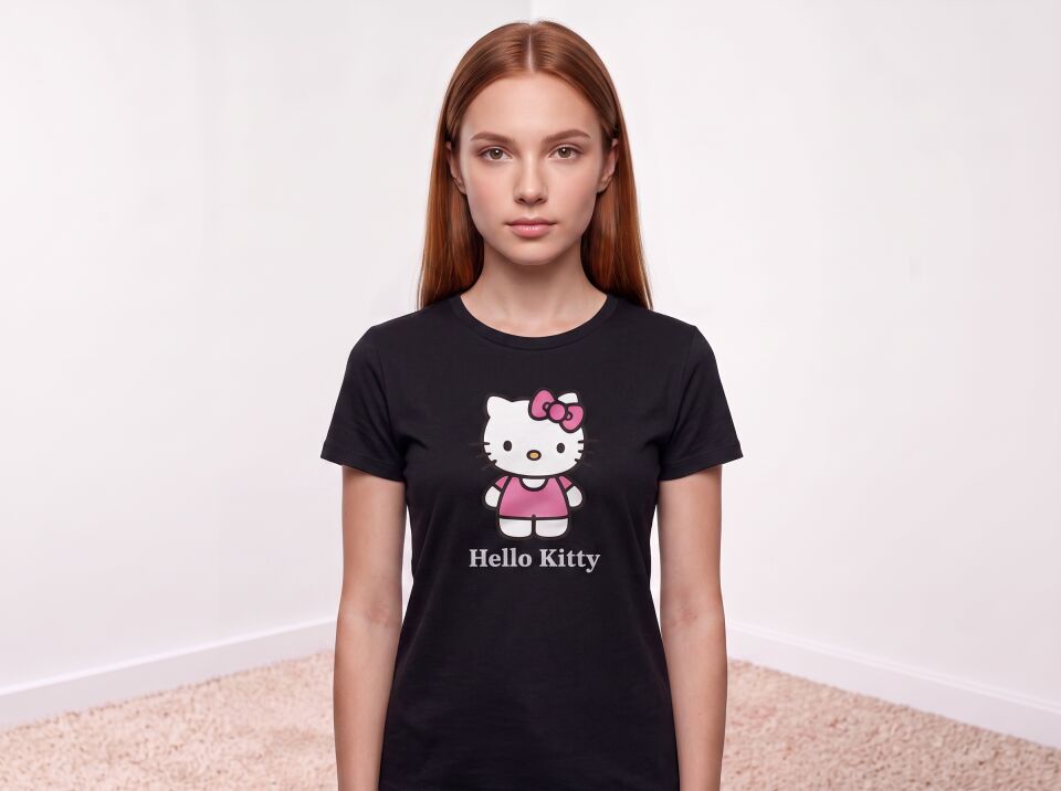 Hello Kitty Yazılı Pembe Kurdele Detaylı Kız Çocuk Pamuklu Tişört 5-6 Yaş - Siyah