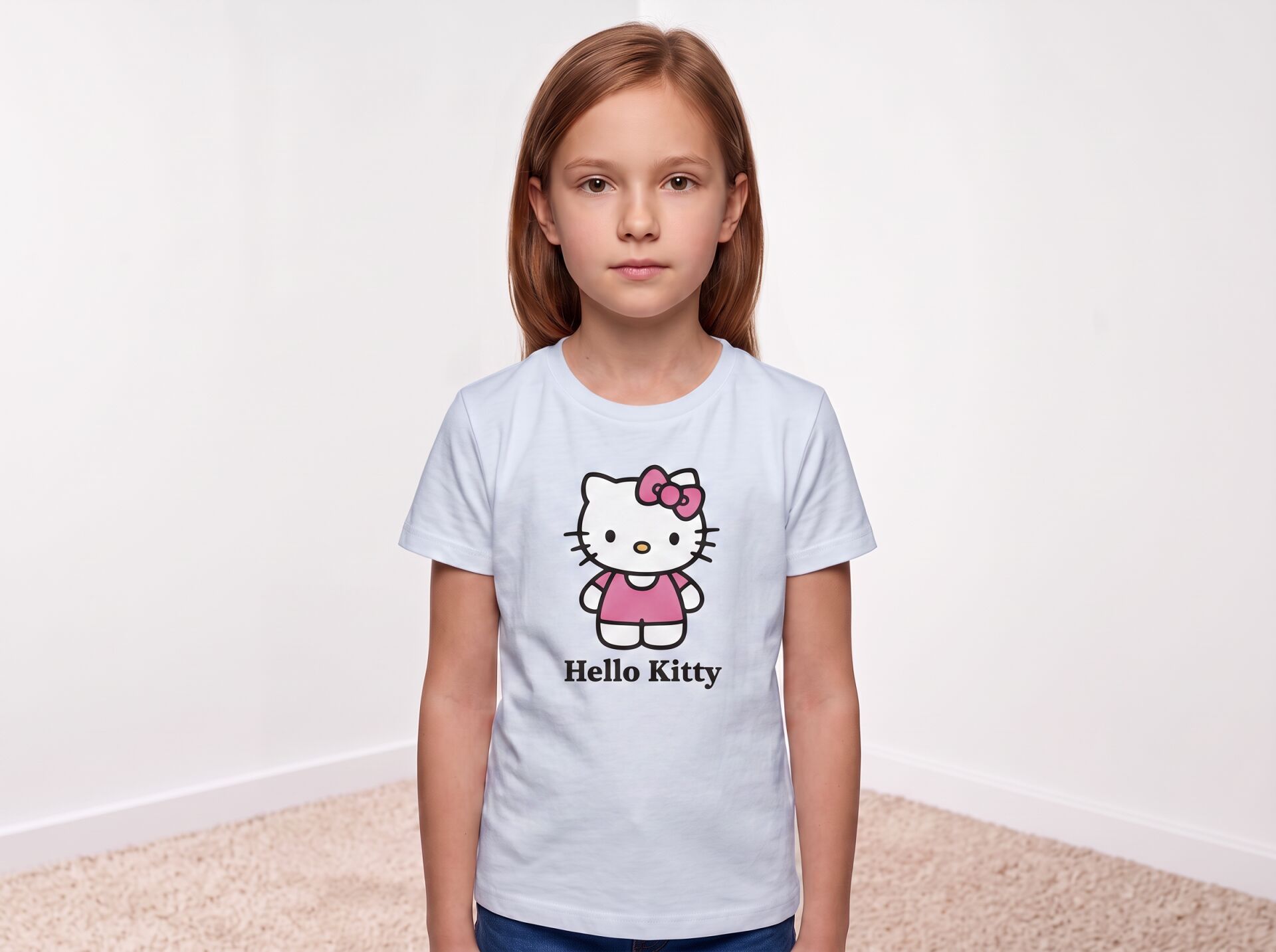 Hello Kitty Yazılı Pembe Kurdele Detaylı Kız Çocuk Pamuklu Tişört 4-5 Yaş - Beyaz