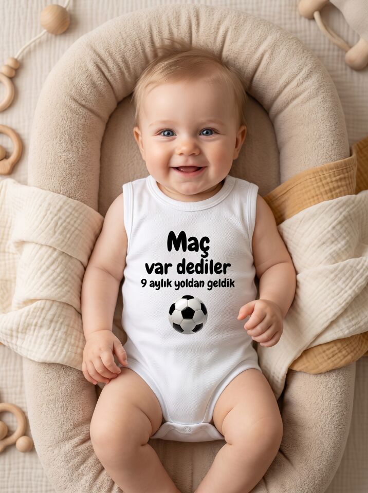 Maç Var Dediler 9 Aylık Yoldan Geldik Futbol Temalı Pamuklu Bebek Body