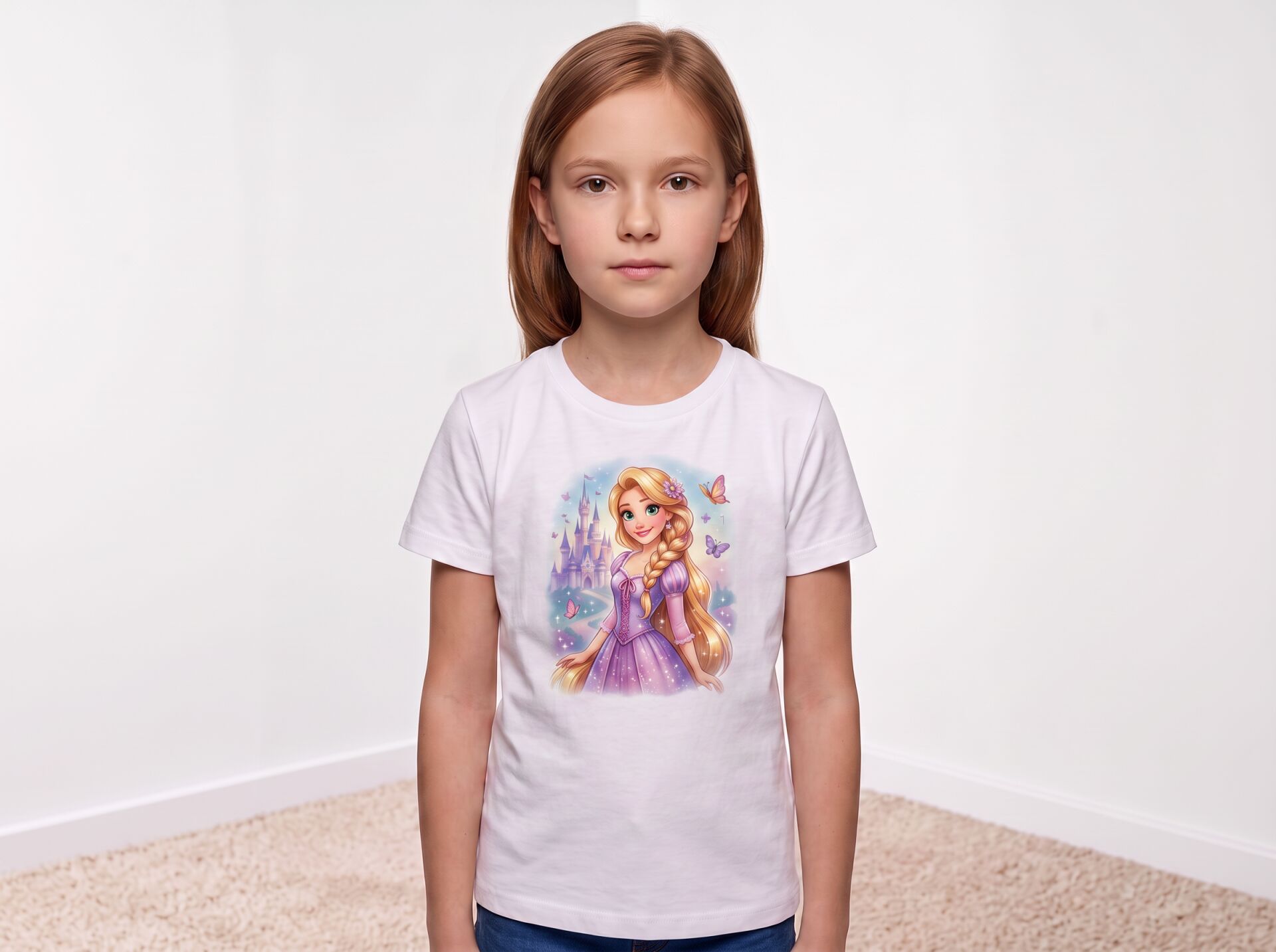 Rapunzel Şato ve Kelebek Detaylı Mor Elbiseli Masal Prensesi Kız Çocuk Tişörtü