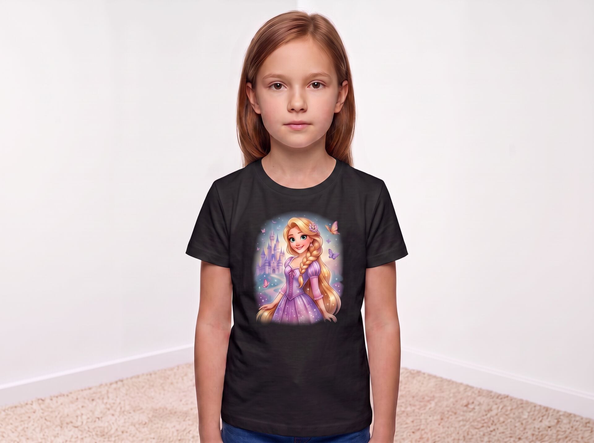 Rapunzel Şato ve Kelebek Detaylı Mor Elbiseli Masal Prensesi Kız Çocuk Tişörtü 4-5 Yaş - Siyah