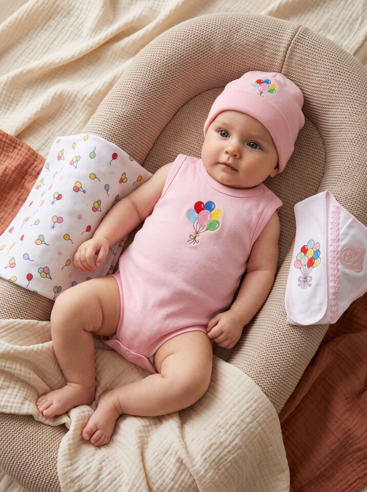 Balon Baskılı Pamuklu Kız Bebek Body – Kolsuz, Çıtçıtlı