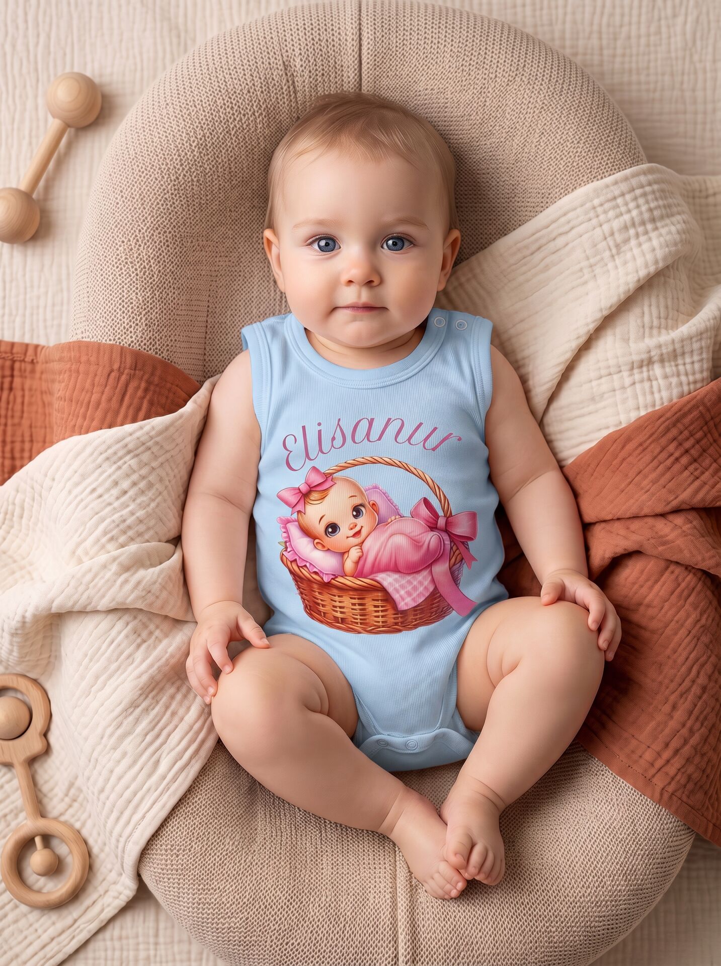Prenses Sepette Bebek Baskılı İsimli Pamuklu Kolsuz Body (Zıbın) Mavi - 0-3