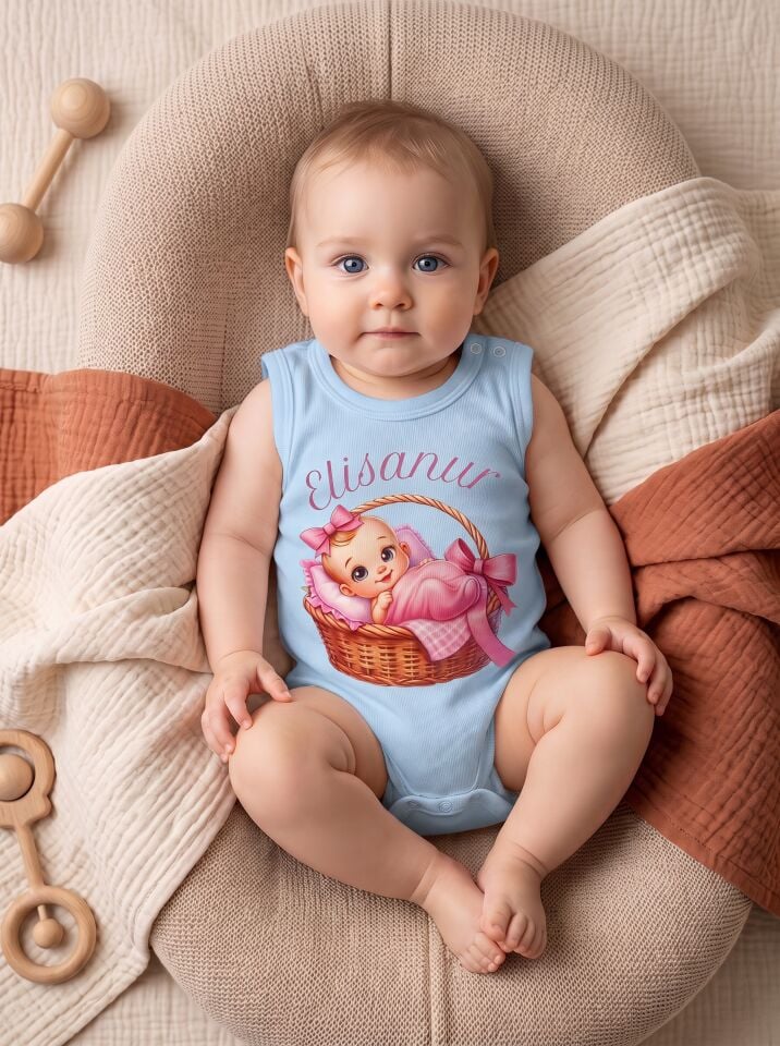 Prenses Sepette Bebek Baskılı İsimli Pamuklu Kolsuz Body (Zıbın) Mavi - 3-6