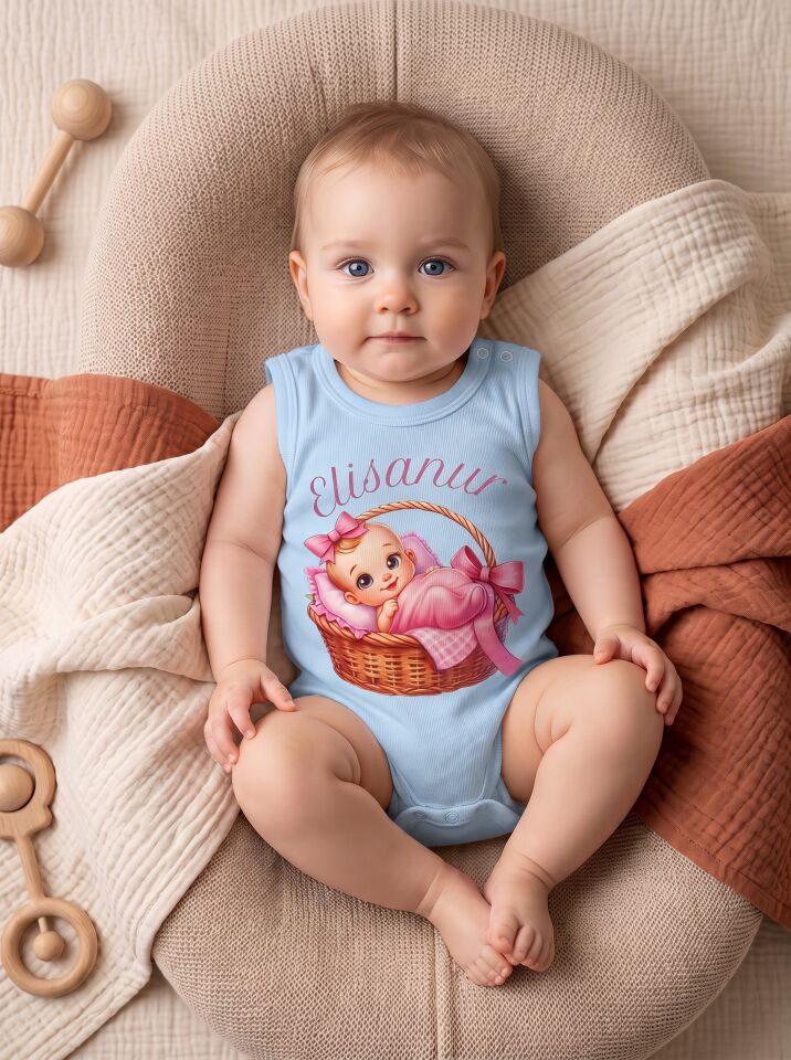 Prenses Sepette Bebek Baskılı İsimli Pamuklu Kolsuz Body (Zıbın) Mavi - 6-9