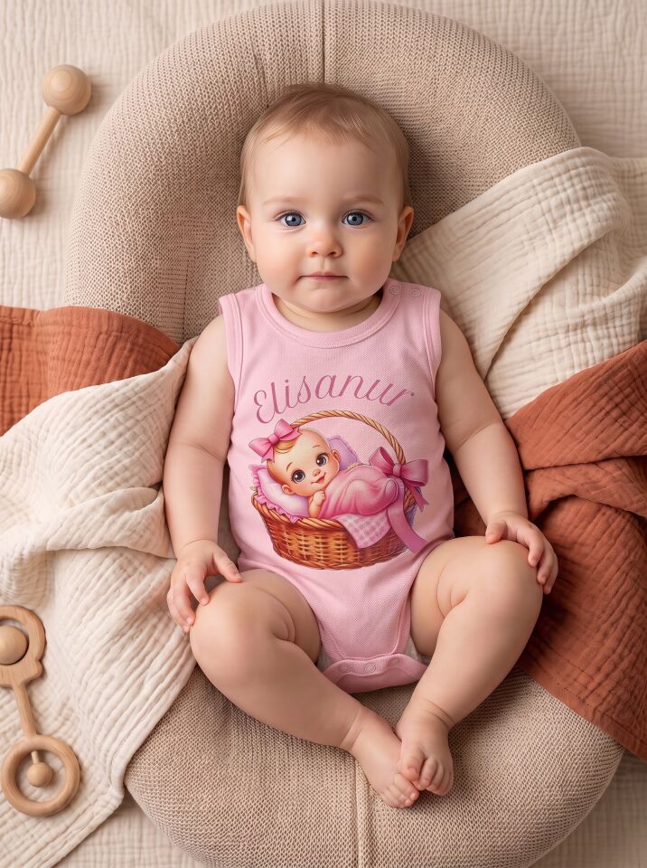 Prenses Sepette Bebek Baskılı İsimli Pamuklu Kolsuz Body (Zıbın) Pembe - 24-30