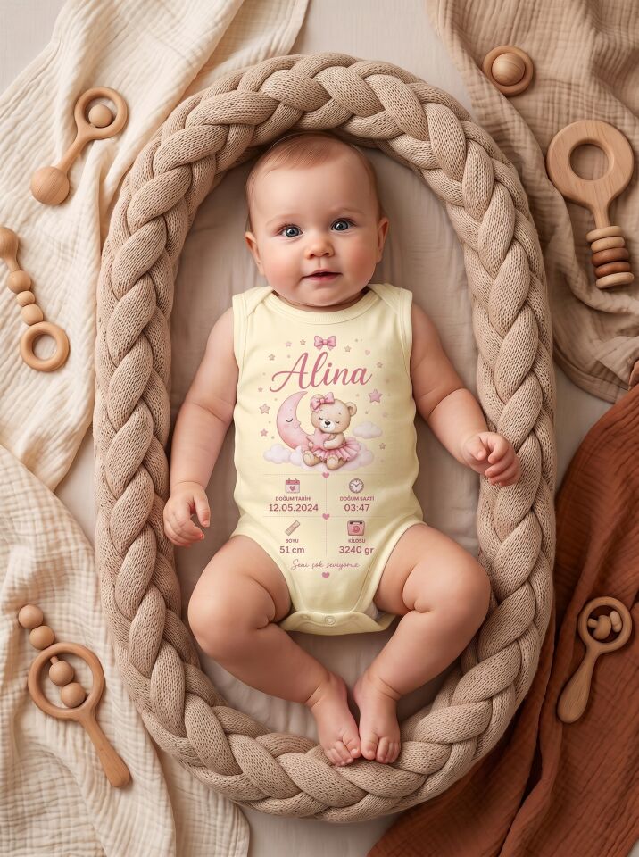 Alina Yazılı Pembe Ayıcık & Ay Temalı Kişiye Özel Pamuklu Bebek Body Sarı - 9-12