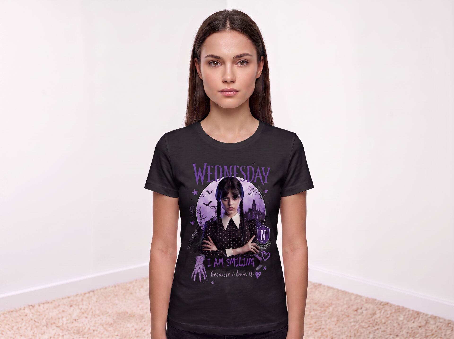 Wednesday Addams ''I Am Smiling'' Yazılı Gotik Tarz Çocuk Tişörtü 3-4 Yaş - Siyah