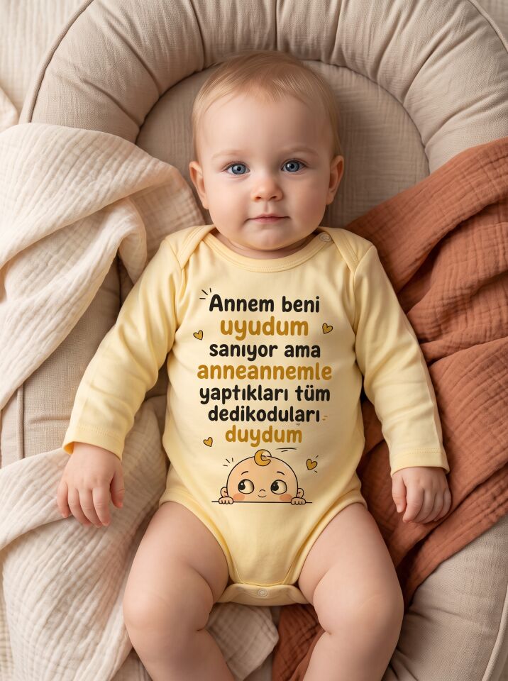 Annem Beni Uyudum Sanıyor Dedikodu Yazılı Pamuklu Bebek Body (Zıbın) Sarı - 0-3