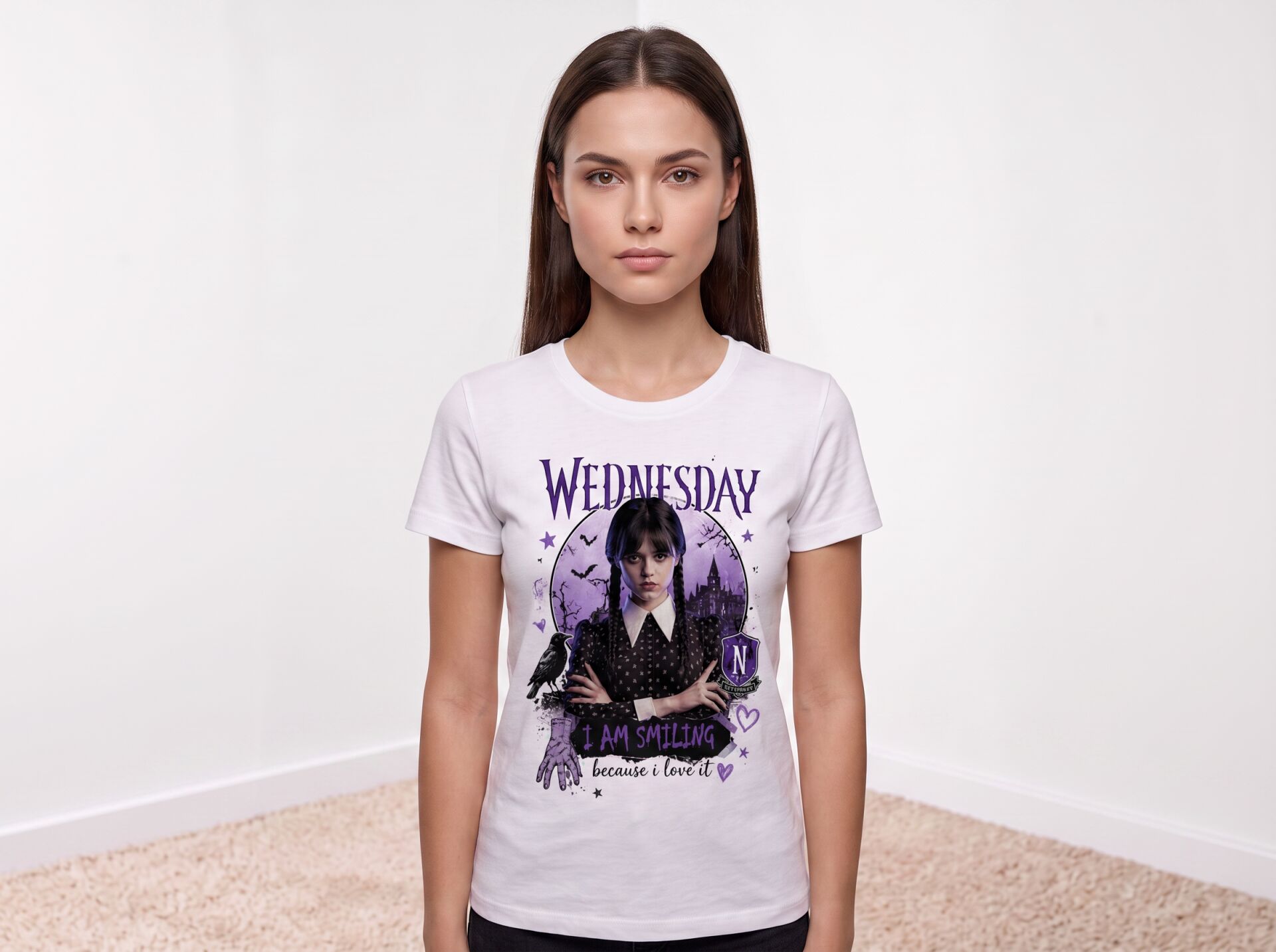 Wednesday Addams ''I Am Smiling'' Yazılı Gotik Tarz Çocuk Tişörtü 5-6 Yaş - Beyaz