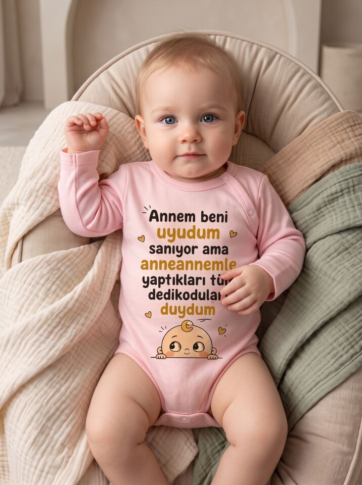 Annem Beni Uyudum Sanıyor Dedikodu Yazılı Pamuklu Bebek Body (Zıbın) Pembe - 3-6