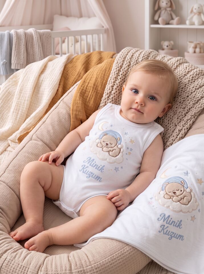 Minik Kuzum Ayıcıklı Pamuklu Bebek Body (Zıbın) Beyaz - 24-30