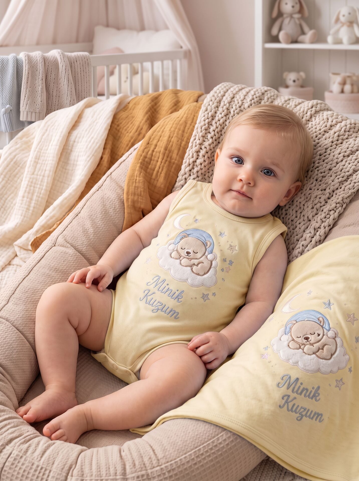 Minik Kuzum Ayıcıklı Pamuklu Bebek Body (Zıbın) Sarı - 9-12