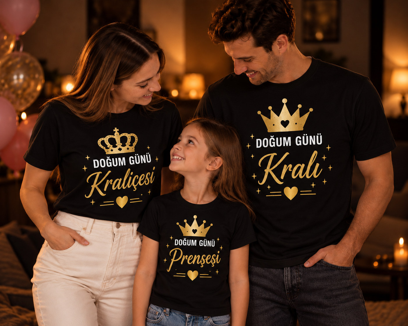 Doğum Günü Kralı Kraliçesi ve Prensesi %100 Pamuk Aile Kombini Tişört Seti