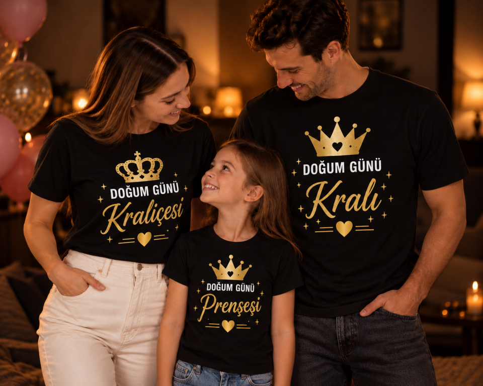 Doğum Günü Kralı Kraliçesi ve Prensesi %100 Pamuk Aile Kombini Tişört Seti